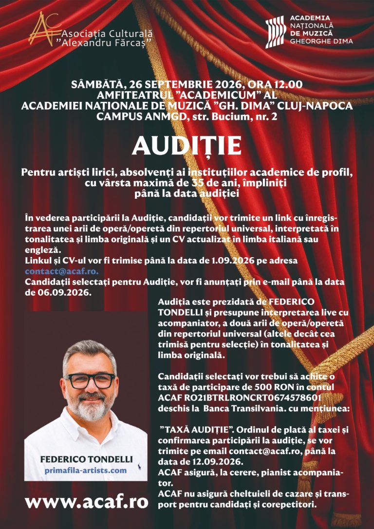 Read more about the article AUDIȚIE pentru artiști lirici, absolvenți ai instituțiilor academice de profil, cu vârsta maximă de 35 de ani, împliniți până la data audiției